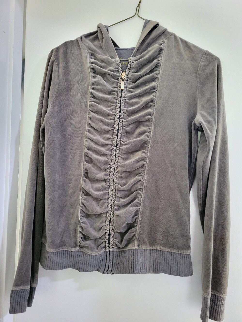 Y2K Victoria Secret Women’s Gray Hooded Zip Jacket with Front Ruching